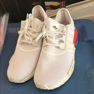 Adidas NMD R1 White Shoes with Red and Blue Details